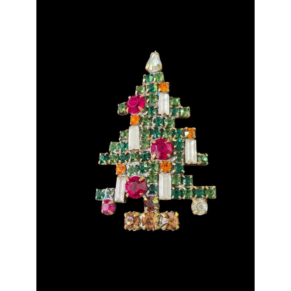 Weiss 5 Candle Christmas Tree Vintage Brooch Rhinestone Holiday Pin